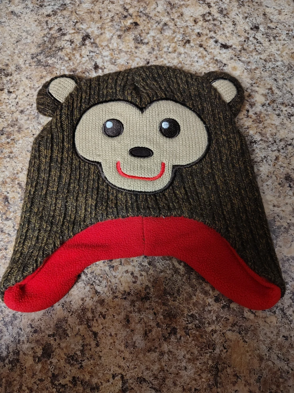 Qhealthtex Brown Monkey Knit Earflap Hat with Red Accent And Santa Beanie